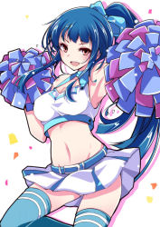 Rule 34 | 1girl, :d, armpits, bare shoulders, belt, blue hair, bow, breasts, cheerleader, cleavage, crop top, crop top overhang, hair bow, long hair, looking at viewer, midriff, miniskirt, mutou kurihito, navel, open mouth, orange eyes, pom pom (cheerleading), ponytail, shirt, skirt, smile, solo, taut clothes, taut shirt, tendouji musubi, thighhighs, tokyo 7th sisters