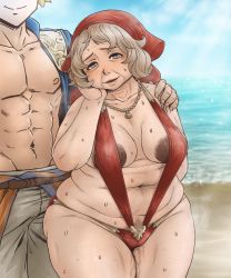 Rule 34 | 1boy, 1girl, areola slip, beach, breasts, granblue fantasy, highres, jewelry, large areolae, large breasts, navel, necklace, old, old woman, plump, pubic hair, pussy juice, rosine (granblue fantasy), sagging breasts, slingshot swimsuit, sweat, swimsuit, tobatoinu