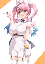 Rule 34 | 1girl, :d, absurdres, ahoge, blue eyes, blue hair, blush, breasts, candy hair ornament, cleavage, cleavage cutout, clothing cutout, collared dress, dress, fang, food-themed hair ornament, garter straps, gloves, gradient hair, hair between eyes, hair ornament, hairclip, hands up, hat, highres, holding, holding syringe, large breasts, long hair, looking at viewer, moyoron, multicolored hair, nurse, nurse cap, open mouth, orange background, original, pink gloves, pink hair, rubber gloves, short sleeves, skindentation, smile, solo, star (symbol), syringe, thighhighs, twintails, two-tone background, underboob cutout, very long hair, white background, white dress, white thighhighs, x hair ornament