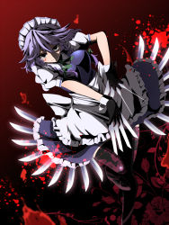 Rule 34 | 1girl, between fingers, blood, blood on clothes, blood on face, blood splatter, bow, braid, double dealing character, floral print, flower, gloves, hair bow, highres, holding, izayoi sakuya, knife, maid, maid headdress, red eyes, ribbon, rihito (usazukin), rose, short hair, silver hair, smile, solo, touhou, twin braids