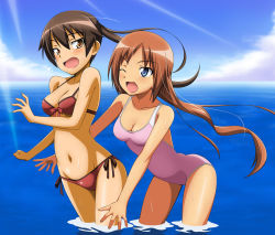 Rule 34 | 2girls, angela salas larrazabal, bikini, breasts, brown hair, cleavage, front-tie top, light rays, long hair, medium breasts, multiple girls, navel, ocean, one eye closed, open mouth, patricia schade, shiny skin, side-tie bikini bottom, strike witches, strike witches: kurenai no majo-tachi, submerged, sunbeam, sunlight, swimsuit, wading, water, wink, world witches series