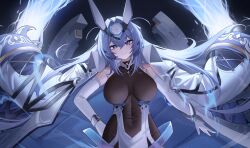 Rule 34 | 1girl, :3, absurdly long hair, absurdres, azur lane, blue eyes, blue hair, blush, bodystocking, breasts, cleavage, closed mouth, coat, coat on shoulders, collarbone, commentary, commission, covered navel, cowboy shot, dress, elbow gloves, floating hair, gloves, hair between eyes, hair intakes, hand on own hip, headgear, highres, jeze, large breasts, long hair, looking at viewer, new jersey (azur lane), pixiv commission, rigging, see-through, see-through cleavage, sidelocks, smile, solo, standing, very long hair, white coat, white dress, white gloves