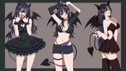 Rule 34 | 1girl, armpits, arms up, asymmetrical clothes, bare arms, bare shoulders, black border, black dress, black hair, black horns, black nails, black shorts, black thighhighs, border, breasts, cleavage cutout, clothing cutout, collarbone, commentary request, demon girl, demon horns, demon tail, demon wings, detached sleeves, double-parted bangs, dress, fang, fingernails, frilled dress, frills, grey background, hair intakes, hands up, head tilt, heart, heart cutout, heart tail, highres, holding own tail, horns, idol, idolmaster, idolmaster shiny colors, large breasts, long hair, midriff, navel, navel cutout, open mouth, paddy field, parted bangs, pleated skirt, shirase sakuya, shorts, side cutout, simple background, skirt, sleeveless, sleeveless dress, smile, straight hair, swept bangs, tail, thighhighs, thighs, wavy hair, wings, yellow eyes