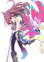 Rule 34 | 1girl, bare shoulders, black footwear, black thighhighs, blouse, blue skirt, blush, bow, breasts, brown hair, crop top, feet out of frame, from behind, hair flaps, hair ornament, hairclip, highres, holding, holding microphone, holding microphone stand, hololive, long hair, looking at viewer, looking back, medium breasts, microphone, microphone stand, miniskirt, moroboshi meteo, open mouth, pink bow, purple eyes, shirt, simple background, skirt, sleeveless, smile, solo, star (symbol), star hair ornament, thighhighs, tokino sora, tokino sora (1st costume), virtual youtuber, white background, white shirt, zettai ryouiki