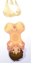 Rule 34 | 1girl, amputee, blush, borusen, brown hair, censored, navel, nipples, no arms, no legs, open mouth, pussy, quadruple amputee, short hair, spread pussy, tape, tape on pussy, tezuka shiho, upside-down