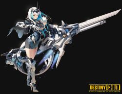 Rule 34 | 1girl, armor, armored boots, black background, blue eyes, blue hair, boots, breast curtains, breasts, character request, closed mouth, cropped jacket, crossed legs, destiny child, full body, gauntlets, headgear, highres, holding, holding weapon, jacket, logo, long hair, medium breasts, multicolored hair, official art, pencil skirt, simple background, skirt, solo, thigh boots, watson cross, weapon, white hair, wonchun
