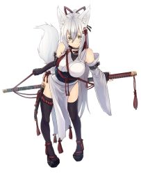 Rule 34 | 1girl, animal ears, bare shoulders, belt, between breasts, black thighhighs, breasts, collar, colored eyelashes, detached sleeves, fox ears, full body, geta, gloves, hair ribbon, highres, holding, holding sword, holding weapon, katana, large breasts, long hair, looking at viewer, obi, original, ponytail, ribbon, sakura inu, sash, side slit, simple background, smile, solo, sword, tail, thighhighs, wakizashi, weapon, white background, white hair, yellow eyes