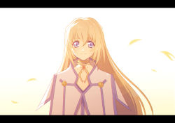 Rule 34 | 1girl, black border, blonde hair, blue eyes, border, choker, closed mouth, colette brunel, letterboxed, long hair, looking at viewer, simple background, smile, solo, tales of (series), tales of symphonia, tomaty., wind