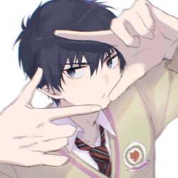 Rule 34 | 1boy, ao no exorcist, aoirnn, black hair, closed mouth, grey background, hair between eyes, highres, looking at viewer, male focus, necktie, okumura rin, pointy ears, red necktie, school uniform, simple background, solo, striped, striped necktie, uniform, upper body