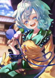 Rule 34 | 1girl, :d, absurdres, blue eyes, blue sky, blurry, blurry background, calpis118, cloud, commentary request, dango, food, green hair, green skirt, highres, holding, holding food, komeiji koishi, long sleeves, looking at viewer, open mouth, outdoors, sanshoku dango, shirt, short hair, skirt, sky, smile, solo, teeth, third eye, touhou, upper teeth only, wagashi, yellow shirt