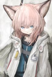 Rule 34 | 1girl, :o, ahoge, animal ear fluff, animal ears, arknights, black choker, blue dress, blue eyes, choker, commentary request, dress, fox ears, hair between eyes, highres, jacket, long sleeves, looking at viewer, material growth, open clothes, open jacket, oripathy lesion (arknights), parted lips, piennamekuzi, pink hair, puffy long sleeves, puffy sleeves, solo, sussurro (arknights), white jacket