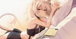 Rule 34 | 1girl, absurdres, animal ears, ass, bare shoulders, breasts, changpan hutao, cleavage, earrings, fingers together, grey eyes, grey hair, hair between eyes, highres, hololive, huge filesize, jewelry, large breasts, lion ears, lion girl, lion tail, long hair, looking at viewer, lying, necklace, on stomach, see-through, see-through cleavage, shirt, shishiro botan, shishiro botan (1st costume), sleeveless, sleeveless shirt, solo, tail, virtual youtuber