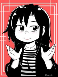 Rule 34 | 1girl, alternate costume, artist name, closed mouth, collarbone, eyebrows, goshiki agiri, greyscale with colored background, highres, jewelry, kill me baby, lips, long hair, long sleeves, necklace, red background, shirt, smile, solo, striped clothes, striped shirt, syumo