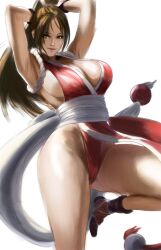 Rule 34 | 1girl, absurdres, arms behind head, breasts, curvy, fatal fury, high ponytail, highres, jumping, large breasts, leotard, leotard under clothes, long hair, mbro, ponytail, revealing clothes, shiny skin, shiranui mai, solo, wide hips