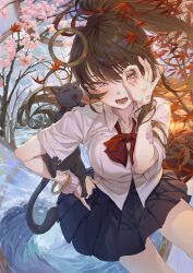 Rule 34 | 1girl, absurdres, bandaid, bandaid on hand, black cat, black skirt, blush, bow, bowtie, bracelet, branch, breasts, brown eyes, brown hair, cat, cherry blossoms, cleavage, cowboy shot, flower, gauze, hair spread out, hand on own hip, highres, hxxg, jewelry, leaf, long hair, looking at viewer, maple leaf, medium breasts, mole, mole under mouth, ok sign, ok sign over eye, open mouth, original, pink flower, pleated skirt, red bow, red bowtie, school uniform, scrunchie, shirt, short sleeves, skirt, solo, white shirt, wrist scrunchie