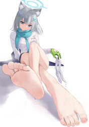 Rule 34 | 1girl, animal ears, barefoot, blue archive, feet, foot focus, grey hair, halo, highres, holding sock, looking at viewer, rryiup, shiroko (blue archive), simple background, soles, solo, sweat, toenails, toes, unworn socks, white background, wolf ears