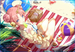 Rule 34 | 1girl, ball, basket, beach, beach towel, beachball, bikini, bikini under clothes, blue bikini, blue eyes, breasts, burger, cocktail, cocktail glass, crab, cup, day, detached sleeves, double bun, drinking glass, fate/apocrypha, fate/grand order, fate (series), food, frankenstein&#039;s monster (fate), frankenstein&#039;s monster (swimsuit saber) (fate), hair bun, hair ornament, holding, horns, ice cream, innertube, jacket, kinokohime, long sleeves, looking at viewer, open clothes, open jacket, open mouth, outdoors, palm tree, parted bangs, pink hair, popsicle, sand, short hair, single detached sleeve, single horn, sitting, sleeves past wrists, small breasts, solo, suitcase, swim ring, swimsuit, sword, towel, tree, water, weapon, yellow jacket, yokozuwari