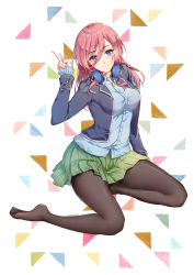 Rule 34 | 1girl, absurdres, arm up, black pantyhose, blazer, blue eyes, blue shirt, blush, breasts, closed mouth, commentary request, go-toubun no hanayome, green skirt, hair between eyes, headphones, headphones around neck, highres, jacket, large breasts, long hair, long sleeves, looking at viewer, nakano miku, painttool sai, pantyhose, pink hair, shirt, sitting, skirt, sleeves past wrists, solo, yiyu qing mang