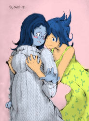 Rule 34 | 2girls, absurdres, bdoan10695, blue hair, blue skin, blush, grabbing another&#039;s breast, colored skin, grabbing, grabbing from behind, highres, inside out, joy (inside out), multiple girls, open mouth, pink background, sadness (inside out), simple background, skirt, sweater, yuri