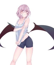 Rule 34 | 1girl, alternate costume, bare arms, bare legs, bare shoulders, bat wings, bespectacled, bike shorts, breasts, cameltoe, cleavage, contrapposto, frown, glasses, highres, kanaria (bocmn), looking at viewer, medium breasts, pink hair, pointy ears, red eyes, remilia scarlet, simple background, solo, standing, tank top, touhou, white background, wings