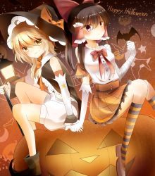 Rule 34 | 2girls, baggy shorts, bandages, bat (animal), blonde hair, bow, detached sleeves, hair bow, hair tubes, hakurei reimu, halloween, halloween costume, happy halloween, hat, hat bow, highres, holding hands, indo (mdtanaka2007), jack-o&#039;-lantern, kirisame marisa, long sleeves, looking at viewer, multiple girls, puffy shorts, shirt, shorts, sitting, sitting on object, skirt, smirk, striped clothes, striped legwear, striped thighhighs, thighhighs, touhou, witch hat