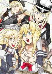 Rule 34 | 10s, 4girls, :3, bare shoulders, bismarck (kancolle), black cat, blonde hair, blue eyes, breasts, cat, cleavage, colored eyelashes, commentary request, crown, elbow gloves, fingerless gloves, gloves, graf zeppelin (kancolle), hair between eyes, hat, headgear, highres, iowa (kancolle), jewelry, kantai collection, large breasts, long hair, mini crown, multiple girls, munmu-san, off shoulder, one eye closed, open mouth, peaked cap, star-shaped pupils, star (symbol), sweatdrop, symbol-shaped pupils, thumbs up, unsinkable sam, warspite (kancolle)