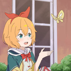 1girl :d book bow bow_hairband bug bush butterfly cloak commentary commission english_commentary green_cloak hair_between_eyes hairband hand_up hood hooded_cloak insect is_this_a_pigeon_(meme) looking_at_another meme muntins open_mouth orange_hair outdoors petra_leyte re:zero_kara_hajimeru_isekai_seikatsu red_bow red_hairband red_ribbon ribbon ro_ka_ro_ka short_hair smile solo taiyou_no_yuusha_fighbird upper_body window yuusha_series