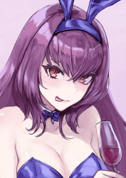 Rule 34 | 1girl, :p, absurdres, alcohol, animal ears, bare shoulders, bow, bowtie, breasts, cleavage, cup, detached collar, drinking glass, fake animal ears, fate/grand order, fate (series), highres, leotard, long hair, mao san, official alternate costume, playboy bunny, purple hair, rabbit ears, red eyes, scathach (fate), scathach (piercing bunny) (fate), solo, strapless, strapless leotard, tongue, tongue out, upper body, wine, wine glass