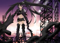 Rule 34 | 10s, 1girl, 2010, armor, bad deviantart id, bad id, belt, belt skirt, black hair, black rock shooter, black rock shooter (character), chain, cloud, female focus, gauntlets, glowing, glowing eye, glowing eyes, greaves, huge weapon, insane black rock shooter, jpeg artifacts, kaho okashii, lights, midriff, navel, purple eyes, scar, short shorts, shorts, sky, solo, stitches, sword, twintails, uneven twintails, vocaloid, weapon, wind