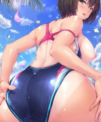 Rule 34 | 1girl, adjusting clothes, adjusting swimsuit, ass, ass focus, back, blue eyes, blue one-piece swimsuit, blush, breasts, brown hair, cloud, comic exe, competition swimsuit, cropped, day, fingernails, from behind, glint, half-closed eyes, highleg, highleg swimsuit, large breasts, lips, looking at viewer, looking back, nipples, off shoulder, one-piece swimsuit, open mouth, original, short hair, skindentation, sky, solo, swimsuit, tan, tanline, toriatto gununu, water drop, wet