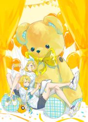 Rule 34 | 1boy, 1girl, absurdres, antique phone, balloon, bandaid, bandaid on leg, black shorts, blonde hair, blue eyes, bow, bow hairband, bunting, candy, cradling phone, curtains, food, grin, hair between eyes, hair ornament, hairband, hairpin, highres, kagamine len, kagamine rin, knee up, knees up, leg up, lollipop, matching outfits, medium hair, off shoulder, oversized object, pd ta1, phone, rotary phone, shirt, shoes, short ponytail, shorts, smile, sneakers, sticker on face, string of flags, stuffed animal, stuffed toy, teddy bear, vocaloid, white bow, white shirt, yellow bow, yellow theme