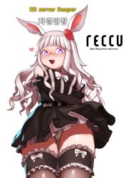 Rule 34 | 1girl, absurdres, animal ears, artist name, bad id, bad pixiv id, blue eyes, blush, breasts, crossed arms, dress, drooling, elbow gloves, elin, flower, gloves, hair flower, hair ornament, heart, heart-shaped pupils, highres, korean text, long hair, looking at viewer, open mouth, panties, rabbit ears, reccu, silver hair, simple background, small breasts, smile, solo, symbol-shaped pupils, tera online, text focus, thick thighs, thighhighs, thighs, underwear, watermark, web address, white background, white panties, wide hips, wind, wind lift