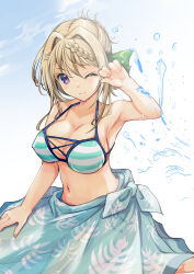 Rule 34 | 1girl, absurdres, bikini, blonde hair, blue sarong, braid, braided bangs, breasts, cleavage, hair intakes, highres, kantai collection, large breasts, leaf print, one eye closed, perth (kancolle), perth (swimsuit mode) (kancolle), purple eyes, sarong, short hair, solo, striped bikini, striped clothes, swimsuit, water, yashin (yasinz)