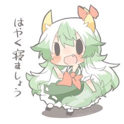 Rule 34 | 1girl, bad id, bad twitter id, black eyes, blush, bow, ex-keine, fang, green hair, horns, kamishirasawa keine, long hair, lowres, open mouth, rebecca (keinelove), smile, solo, tail, touhou