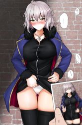 Rule 34 | ..., 1boy, 1girl, ahoge, black dress, black socks, blue jacket, blurry, blush, breasts, clothes lift, cowboy shot, depth of field, dress, dress lift, fate/grand order, fate (series), flashing, full-face blush, fur-trimmed jacket, fur trim, grey hair, highres, holding, holding photo, jacket, jeanne d&#039;arc alter (fate), jeanne d&#039;arc alter (ver. shinjuku 1999) (fate), large breasts, lifting own clothes, looking at viewer, medium hair, over-kneehighs, panties, photo (object), poshi (ginmokusei), socks, solo focus, spoken ellipsis, sweatdrop, thighhighs, underwear, white panties