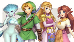 Rule 34 | 1boy, 3girls, :d, aged up, bad id, bad pixiv id, belt, blonde hair, blue eyes, breasts, cowboy shot, dress, earrings, elbow gloves, gloves, gonzarez, green tunic, jewelry, large breasts, link, long hair, looking at viewer, malon, master sword, medium breasts, multiple girls, neckerchief, nintendo, no pussy, open mouth, pointy ears, princess ruto, princess zelda, purple eyes, red hair, short sleeves, smile, the legend of zelda, the legend of zelda: ocarina of time, triforce, tunic