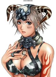 Rule 34 | 1girl, barcode, bikini, bikini top only, blue eyes, breasts, cleavage, front-tie top, grey hair, horns, jewelry, lips, ring, ryu (ryu&#039;s form site), short hair, simple background, solo, swimsuit, tattoo, upper body