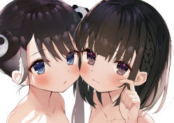 Rule 34 | 2girls, bad id, bad twitter id, blue eyes, blush, braid, brown eyes, brown hair, cheek-to-cheek, collarbone, fingernails, gaou (umaiyo puyoman), hair ornament, hand up, heads together, looking at viewer, multiple girls, nail polish, nude, original, parted lips, pink nails, simple background, twintails, white background