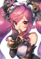 Rule 34 | 1girl, absurdres, bell, black gloves, cleo (dragalia lost), covering own mouth, dragalia lost, elbow gloves, fingerless gloves, gloves, hair bell, hair ornament, hairband, hand over own mouth, hand up, highres, jingle bell, long hair, looking at viewer, okame nin, pink eyes, pink hair, simple background, solo, twintails, upper body, white background