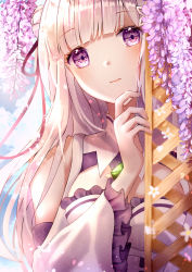 Rule 34 | 1girl, absurdres, bare shoulders, braid, breasts, caron, commentary, dress, emilia (re:zero), flower, frilled sleeves, frills, gem, hair flower, hair ornament, hair ribbon, highres, huge filesize, large breasts, long hair, long sleeves, looking at viewer, pointy ears, purple eyes, re:zero kara hajimeru isekai seikatsu, ribbon, silver hair, solo, symbol-only commentary, white dress