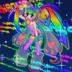 1girl 2000s_(style) animal_feet arm_warmers bell blush_stickers cat_girl collar commentary fang hair_bell hair_ornament highres long_hair multicolored_hair neck_bell nyan_cat nyanyanyanyanyanyanya!_(vocaloid) pacapara personification pleated_skirt rainbow_hair skirt smile solo sparkle_background thighhighs twintails