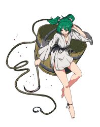 Rule 34 | 1girl, bare legs, barefoot, blood, bloody weapon, bucket, closed mouth, full body, green eyes, green hair, hair bobbles, hair ornament, holding, holding weapon, japanese clothes, kimono, kisume, long sleeves, shishi osamu, short hair, simple background, skull, smile, solo, touhou, two side up, weapon, white background, white kimono, wide sleeves