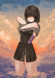 Rule 34 | 1girl, absurdres, black hair, black one-piece swimsuit, black skirt, blush, breasts, closed mouth, cloud, commentary request, commission, competition swimsuit, evening, grey shirt, hair over eyes, highres, looking at viewer, maria (syake-uni), medium breasts, one-piece swimsuit, original, outdoors, pleated skirt, purple eyes, shirt, short hair, short sleeves, skeb commission, skirt, sky, solo, standing, swimsuit, undressing, wading, water