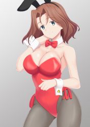 Rule 34 | 1girl, absurdres, animal ears, azumi (girls und panzer), black pantyhose, bow, bowtie, breasts, brown hair, cleavage, closed mouth, collar, cowboy shot, detached collar, fake animal ears, flatfield, girls und panzer, grey background, hair intakes, hand in own hair, head tilt, highres, large breasts, leotard, medium hair, pantyhose, playboy bunny, rabbit ears, red bow, red bowtie, red leotard, short hair, smile, solo, strapless, strapless leotard, white collar, wing collar, wrist cuffs
