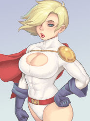 Rule 34 | 1girl, blonde hair, blue eyes, blue gloves, breasts, cape, cleavage, cleavage cutout, clothing cutout, dc comics, gloves, hair over one eye, large breasts, leotard, lipstick, makeup, maou alba, nose, power girl, puckered lips, short hair, solo, superhero costume, superman (series)