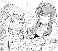 Rule 34 | 1girl, au ra, bb (baalbuddy), closed mouth, commentary, commission, english commentary, final fantasy, final fantasy xiv, food, greyscale, hairband, highres, holding, horns, jacket, long hair, looking at viewer, monochrome, one eye closed, original, scales, shirt, smile, solo, tankard, warrior of light (ff14)