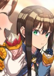 Rule 34 | 2girls, ^ ^, ^o^, blue gloves, blueberry, blurry, blush, breasts, brown hair, character request, closed eyes, crepe, depth of field, eating, erere, closed eyes, food, from side, fruit, gloves, green eyes, idolmaster, idolmaster cinderella girls, long hair, multiple girls, princess connect!, shibuya rin, solo focus, strawberry, teeth, white gloves