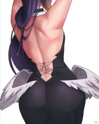 Rule 34 | 1girl, arms up, ass, back, back focus, backless dress, backless outfit, bare back, black dress, dress, from behind, head out of frame, highres, hololive, hololive english, long hair, low wings, ninomae ina&#039;nis, purple hair, ryou sakai, signature, simple background, solo, very long hair, virtual youtuber, white background, white wings, wings