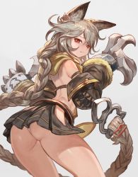 Rule 34 | 10s, 1girl, animal ears, ass, bare back, black skirt, blush, braid, brown hair, cat ears, claws, closed mouth, cowboy shot, detached sleeves, erune, fang, fang out, fox ears, from behind, fur trim, granblue fantasy, heart, highres, hip vent, hood, hood down, lack, leaning forward, long hair, long sleeves, looking at viewer, looking back, md5 mismatch, panties, pantyshot, pleated skirt, red eyes, resolution mismatch, sen (granblue fantasy), single braid, skirt, solo, source larger, standing, sweatdrop, thighs, tooth, underwear, upskirt, very long hair, white panties
