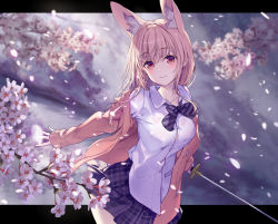 Rule 34 | 1girl, animal ear fluff, animal ears, blurry, blurry background, blush, bow, bowtie, breasts, cardigan, cherry blossoms, closed mouth, collared shirt, cowboy shot, dated, dress shirt, fox ears, hair between eyes, highres, holding, holding sword, holding weapon, katana, large breasts, letterboxed, long hair, long sleeves, looking at viewer, miniskirt, open cardigan, open clothes, original, outside border, petals, pink cardigan, pink eyes, pink hair, plaid, plaid skirt, purple bow, purple bowtie, purple skirt, sanbasou, school uniform, shirt, signature, skirt, smile, solo, striped bow, striped bowtie, striped clothes, striped neckwear, sword, weapon, white shirt
